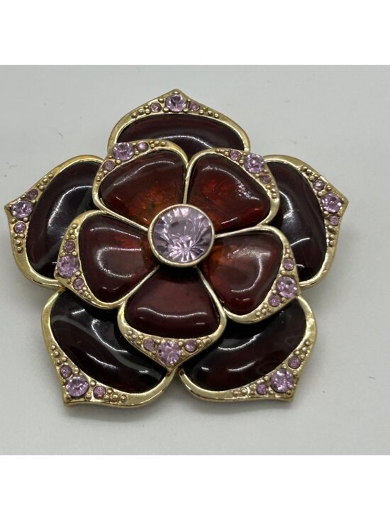 Vintage Liz Claiborne Brooch Burgundy Rose Pink Rhinestones Gold Tone Floral - Picture 3 of 11